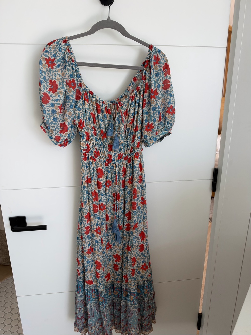 Spell Red & Blue Floral Puff-Sleeve Maxi Dress